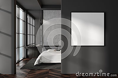 Grey bedroom interior with bed and dresser, panoramic window. Mockup frame Stock Photo