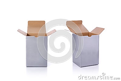 Grey blank open carton box. studio shot isolated on white Stock Photo