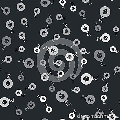 Grey Bomb ready to explode icon isolated seamless pattern on black background. Vector Stock Photo