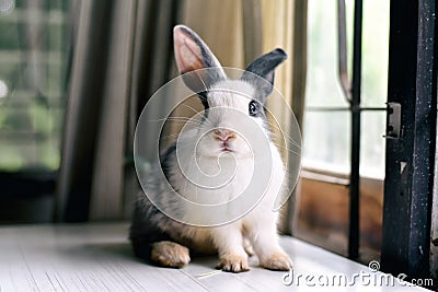 Grey bunny rabbit looking frontward to viewer, Little bunny sitting on white desk Stock Photo