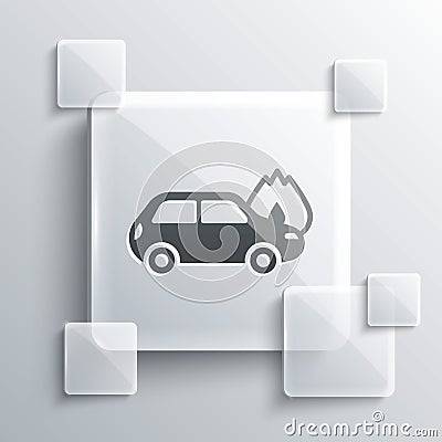 Grey Burning car icon isolated on grey background. Car on fire. Broken auto covered with fire and smoke. Square glass panels. Stock Photo