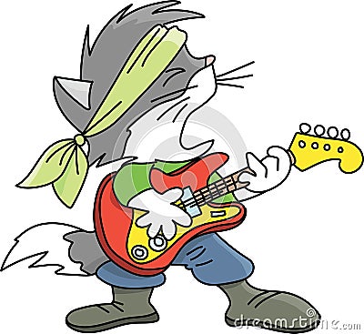Grey cartoon cat playing electronic guitar and singing rock and roll vector Vector Illustration
