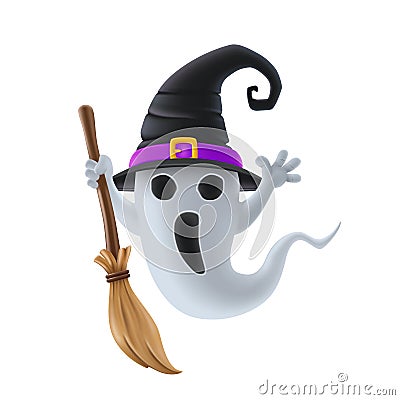 Grey cartoon Halloween ghost, monster, witch wearing hat and broom. Vector Illustration