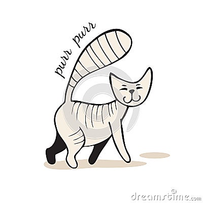 Grey cartoon tabby cat walks and purrs. Vector illustration. Vector Illustration