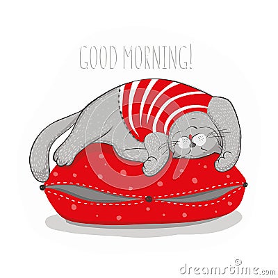 Grey cat on red pillow Vector Illustration