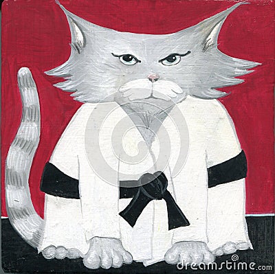 Hand painted cartoon cat Sensei Karate Martial Arts Black Belt Master Stock Photo