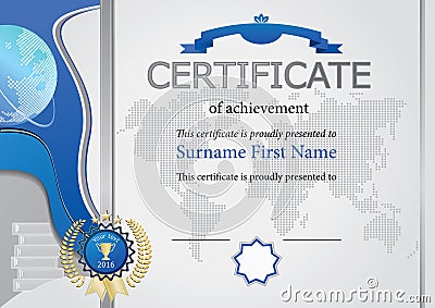 Grey certificate. Blue elements, map and globe. Vector Illustration