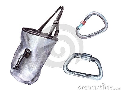 Chalk bag for climbing bouldering with a carabinerWatercolor illustration isolated white background. Cartoon Illustration