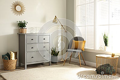 Grey chest of drawers in room interior Stock Photo
