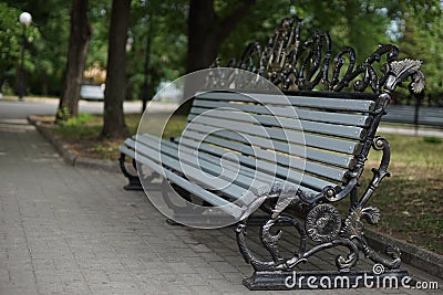 Grey city bench in the summer park Stock Photo