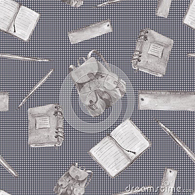 Grey color open and closed notebooks, pencils, backpacks pattern on a checkered background. Seamless watercolor pattern for fabric Stock Photo