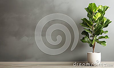 Grey Concrete Background with a Stylish Fiddle Fig Plant Pot Modern Minimalist Interior Decor Greenery Copyspace for Generative AI Stock Photo