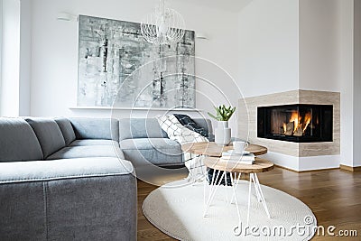 Grey corner settee with blankets standing in white Nordic living room interior with fresh tulips, books and tea cup on hairpin tab Stock Photo