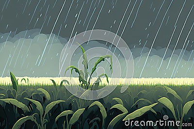 Grey day rain over green corn plants Stock Photo