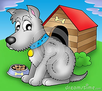 Grey dog in front of kennel Cartoon Illustration