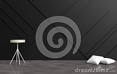 Grey empty room are decorated with white pillows, grey chair, black wood wall it is grid pattern and the cement floor Stock Photo