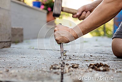 Grey flagstones with stone mason tools Stock Photo