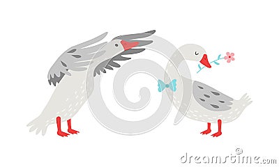 Grey Goose Character Spreading Wings and Holding Flower Vector Set Vector Illustration