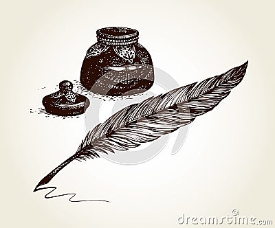 Vector freehand drawing of ancient pen and inkwell Vector Illustration