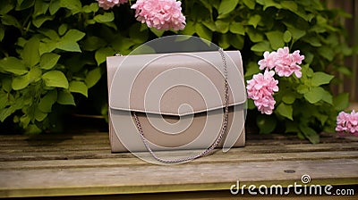 Elegant Khaki Leather Handbag With Taupe Colored Design On Wood Bench Stock Photo