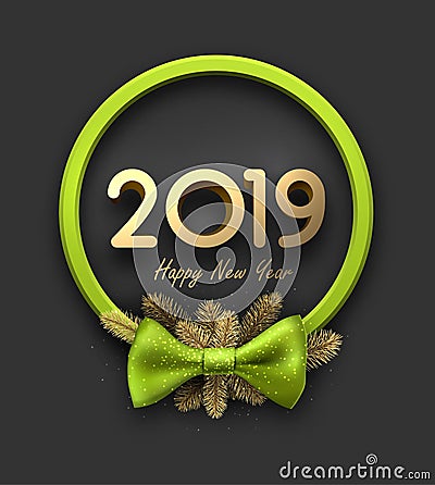 Grey 2019 happy New Year background with green round frame and b Vector Illustration