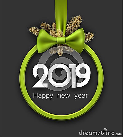 Grey 2019 happy New Year background with green round frame and b Vector Illustration