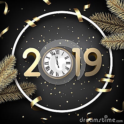 Grey 2019 happy New Year card with gold clock and fir. Vector Illustration