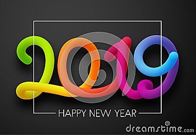 Grey Happy New Year 2019 card with neon figures. Vector Illustration