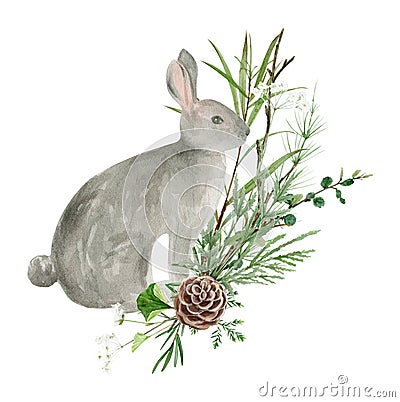 Grey Hare Watercolor Isolated on White Background. Rabbit Bunny Stock Photo
