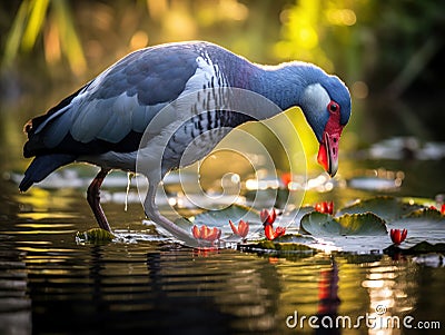 Grey-headed swamphen Feeding in th emorning Cartoon Illustration