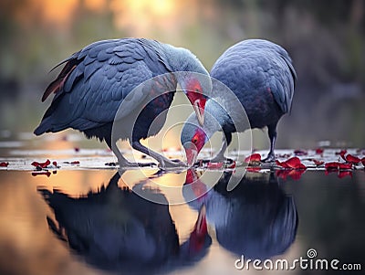 Grey-headed swamphen Feeding in th emorning Cartoon Illustration