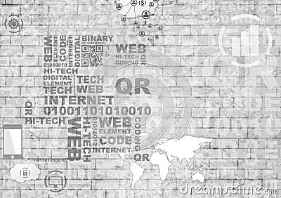 Grey hi-tech internet design on brick wall Vector Illustration