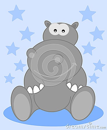 A grey hippo sitting smiling for child Cartoon Illustration