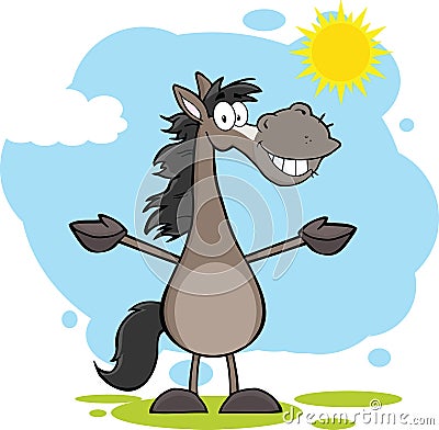 Grey Horse Cartoon Mascot Character With Open Arms Over Landscape Vector Illustration