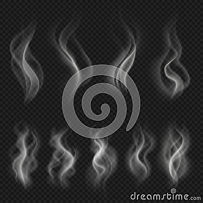 Grey hot smoke clouds. White transparent steam evaporation isolated vector effects Vector Illustration