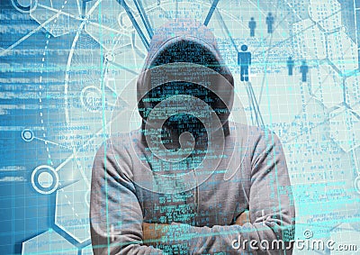 Grey jumper hacker with his hands folded. light blue, binary code Stock Photo