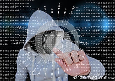 Grey jumper hacker with out face blue blurred background and binary code with square. Stock Photo