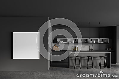 Grey kitchen interior with table and chairs on concrete floor, mockup frame Stock Photo