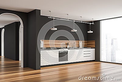 Grey kitchen with stylish cabinet and archway Stock Photo