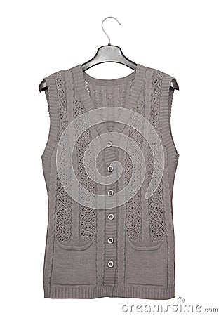 Grey knitted vest, warm clothing for the elderly Stock Photo