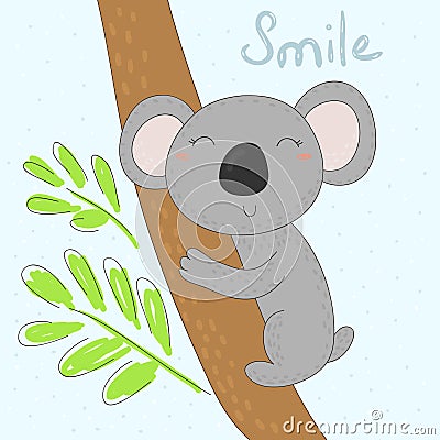 Grey koala bear on wood branch with green leaves Vector Illustration