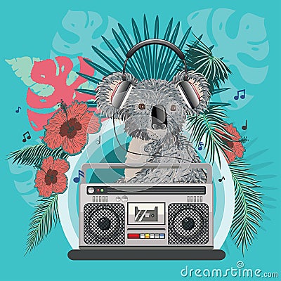 Grey koala with boombox Vector Illustration