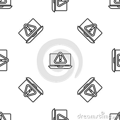 Grey line Laptop with exclamation mark icon isolated seamless pattern on white background. Alert message smartphone Vector Illustration