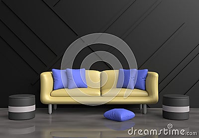 Grey living room are decorated yellow sofa, blue pillows, grey chair, black wood wall Stock Photo