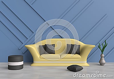 Grey living room are decorated yellow sofa, blue pillows, grey chair, black wood wall Stock Photo