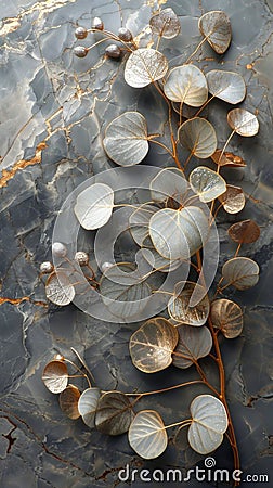 Grey marble adorned with gold paths and eucalyptus leaves. Stock Photo