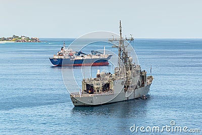 Grey modern frigate of the Royal Australian Navy anchored in the Editorial Stock Photo