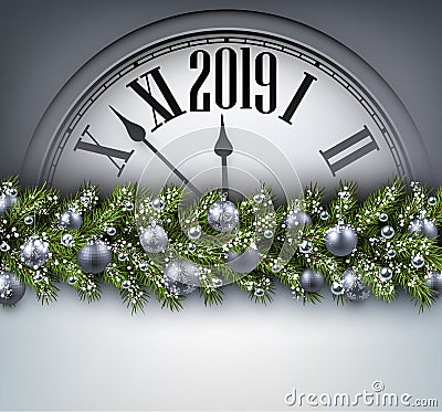 Grey 2019 New Year background with clock. Greeting card. Vector Illustration