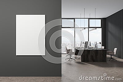 Grey office business room interior with table and computers. Mockup frame Stock Photo