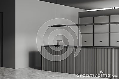 Grey office interior reception desk and cupboard storage. Mockup wall Stock Photo